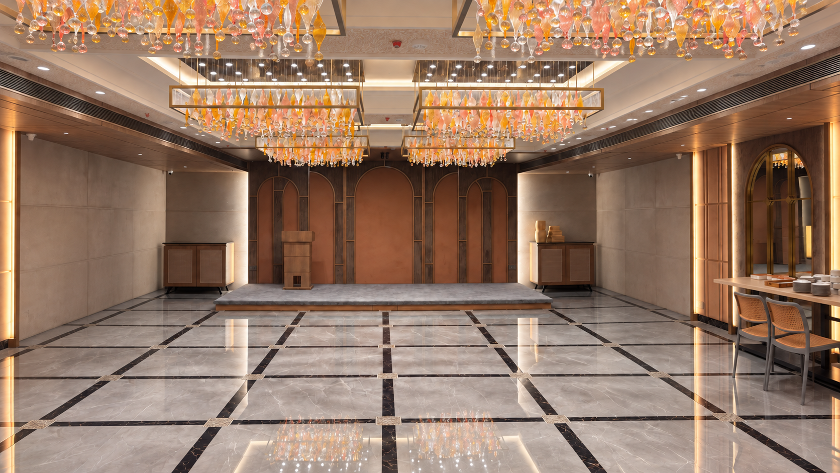 Crystal Grand banquet hall with chandeliers